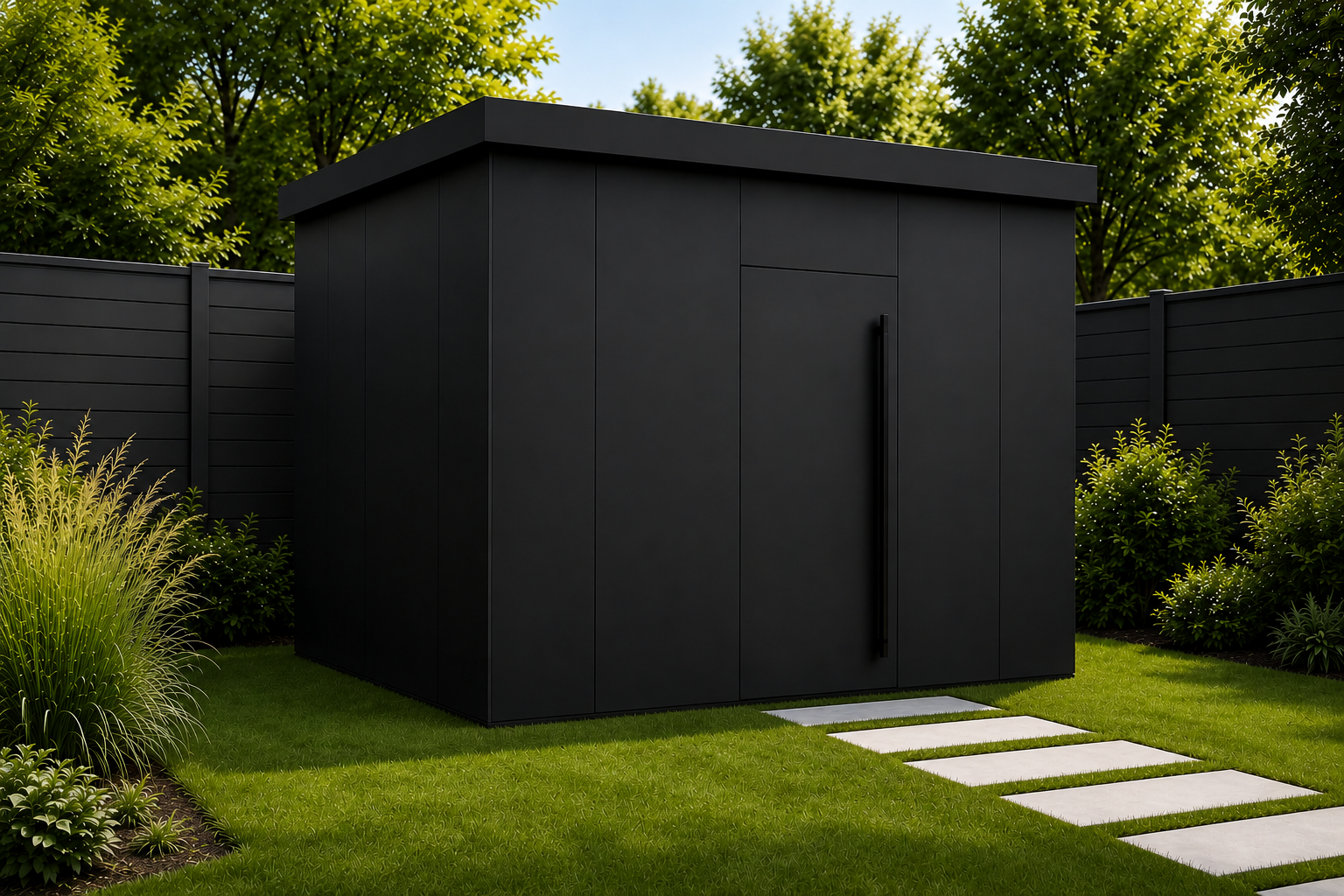 Modern black garden shed in a landscaped garden
